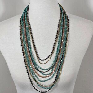 Premier Designs Multi-Strand Bib Necklace Multi-Faceted Turquoise & Gold Beads